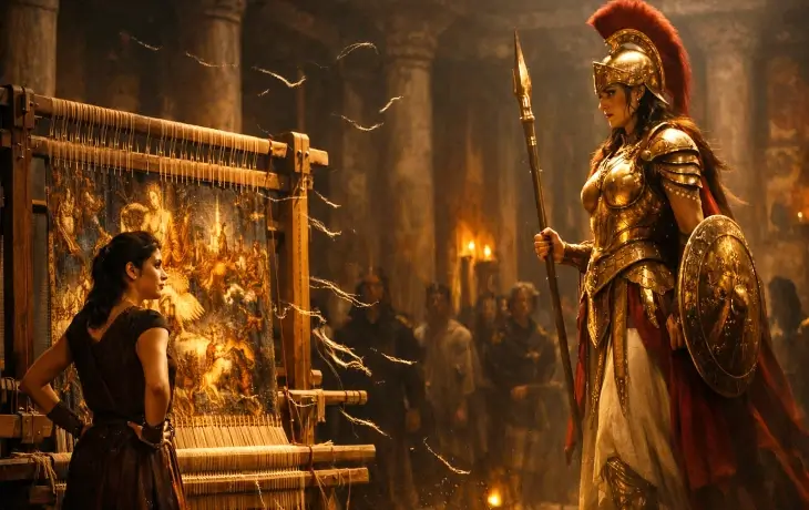 Athena ile Arakne dokuma yarışması sahnesi, Arakne’nin tezgahtaki eseri ve Athena’nın karşısında durduğu an